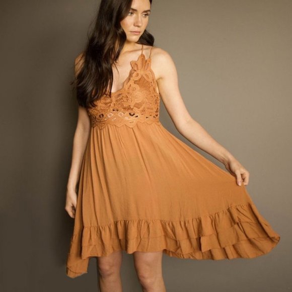 New Mustard Orange Tiered Western Boho Dress - Picture 4 of 5